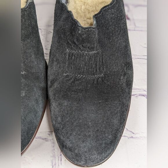 UGG Shearling Lined Black Suede Heeled Mules Clogs - Picture 8 of 14
